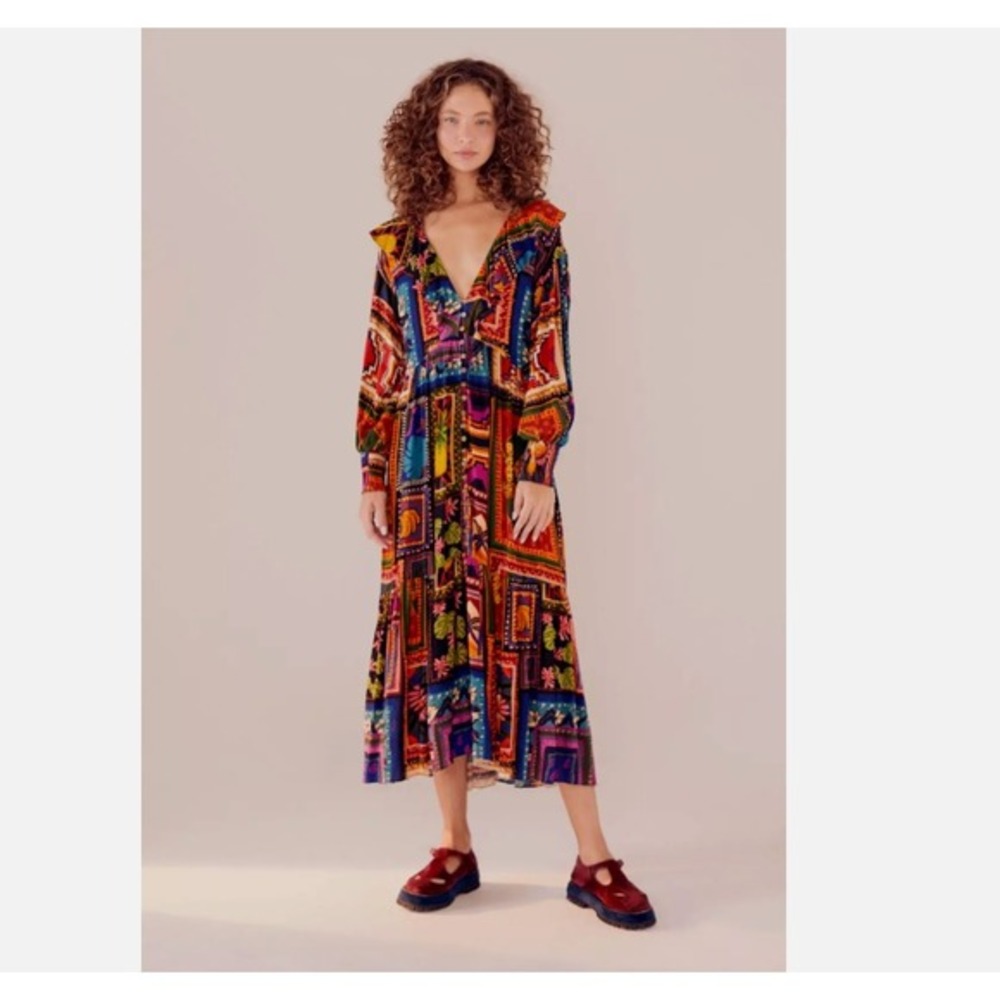 Farm Rio Patchwork Tapestry Ankle Maxi Dress XS Ruffle‎ Neck Tiered NWT